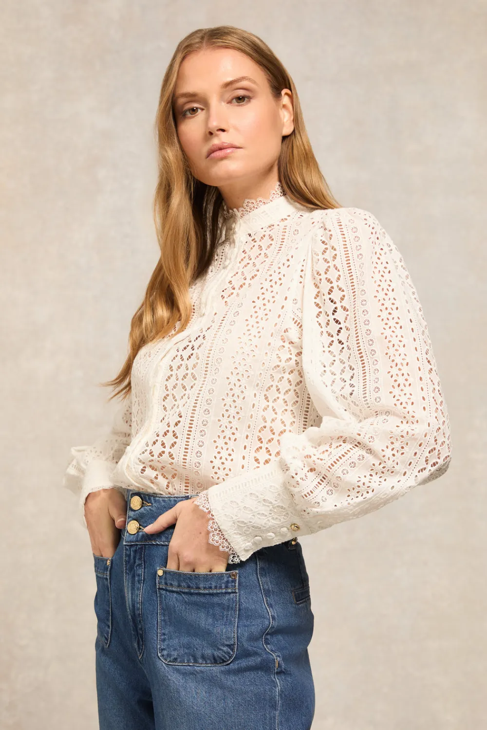 Women Holland Cooper Shirts & Blouses>Collarless Broderie Shirt